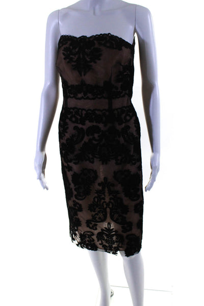 Designer Womens Lace Embroidered Strapless Pencil Dress Black Beige Size Small