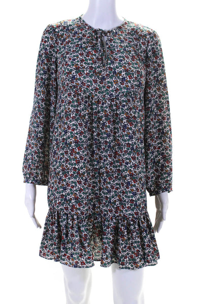 J Crew Womens Long Sleeve Floral Tie Neck Shift Dress White Green Red Blue Small