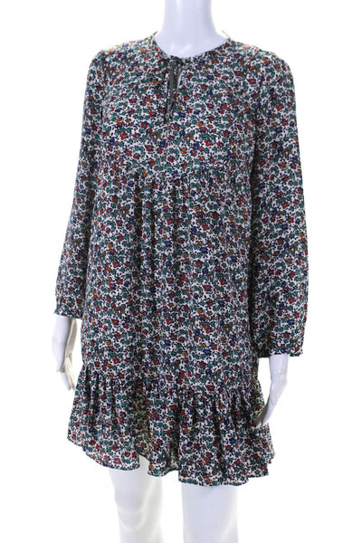 J Crew Womens Long Sleeve Floral Tie Neck Shift Dress White Green Red Blue Small