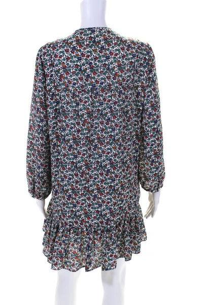 J Crew Womens Long Sleeve Floral Tie Neck Shift Dress White Green Red Blue Small