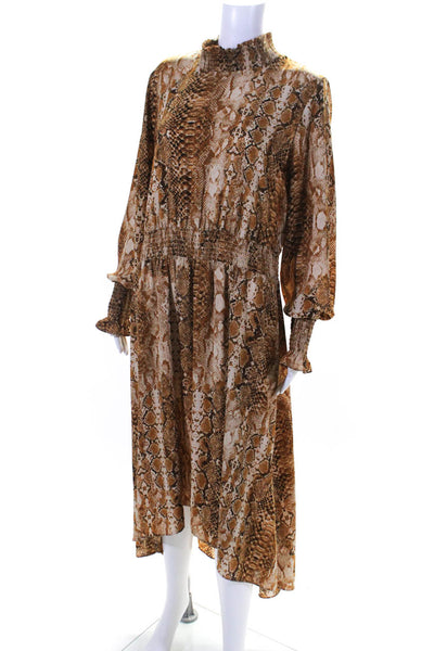 Nanette Lepore Womens Snakeskin Print Turtleneck Midi A Line Dress Tan Size 14