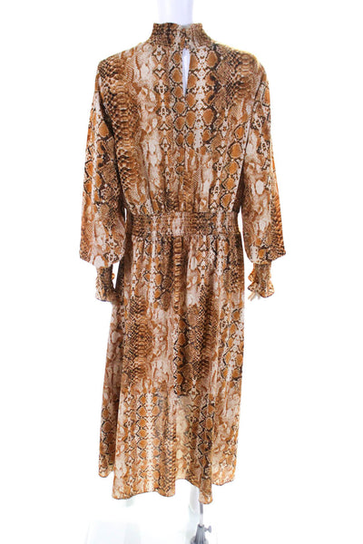 Nanette Lepore Womens Snakeskin Print Turtleneck Midi A Line Dress Tan Size 14