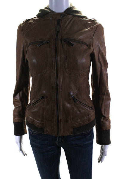 Bernardo Womens Knit Hooded Full Zip Leather Jacket Brown Size Extra Small