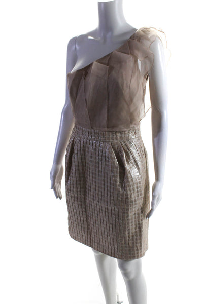 Rolando Santana Womens Organza Metallic Jacquard One Shoulder Dress Beige Size 6