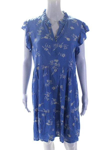 Liza Byrd Women's Floral Print V-Neck Ruffle Shift Dress Blue Size M