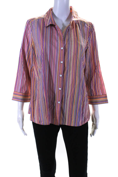 Lafayette 148 Womens 3/4 Sleeve Striped Shirt Blouse Pink Orange Purple Size 12