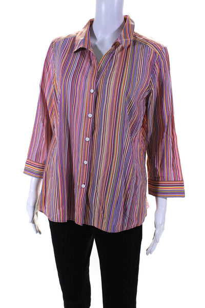 Lafayette 148 Womens 3/4 Sleeve Striped Shirt Blouse Pink Orange Purple Size 12