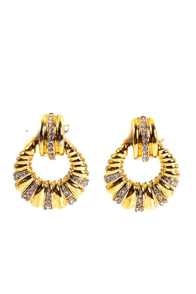 Donan Womens Vintage Gold Tone Pave Crystal Hoop Clip On Earrings 1.5"