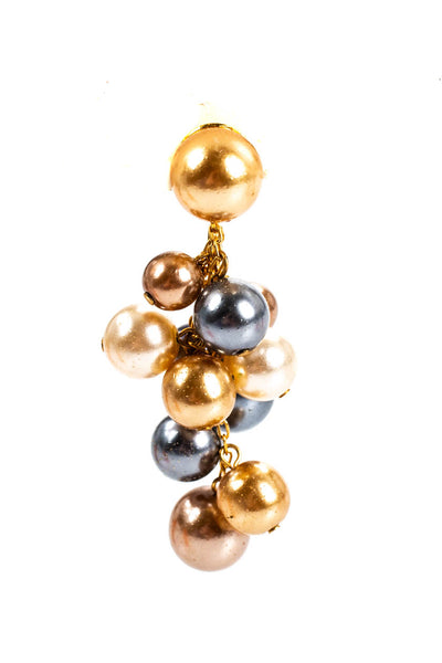 Designer Womens Vintage Gold Tone Multicolor Faux Pearl Clip On Earrings 2"