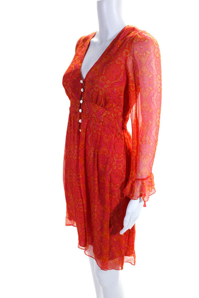 Miguelina Womens Ruffled Long Sleeve Paisley Chiffon Dress Orange Pink Small