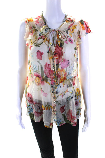 Nanette Lepore Womens Yellow Silk Sheer Floral Scoop Neck Blouse Top Size 6