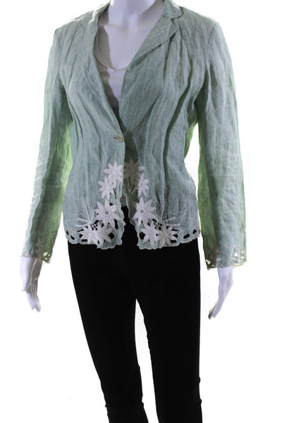 DKNY Womens Green Linen Floral Embroidered Detail One Button Blazer Size 6