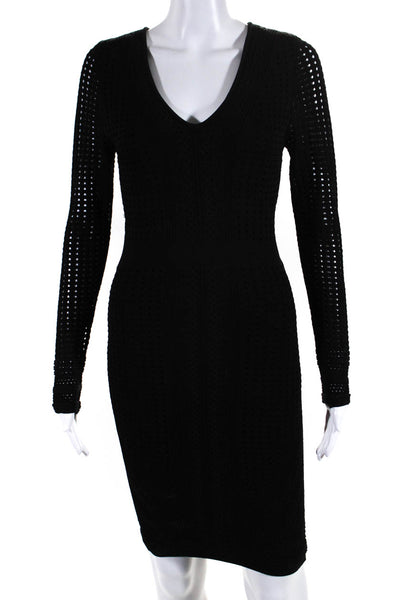 John + Jenn Womens Perforated Knit V Neck Long Sleeve Sheath Dress Black Small