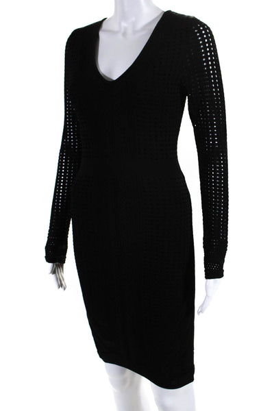 John + Jenn Womens Perforated Knit V Neck Long Sleeve Sheath Dress Black Small