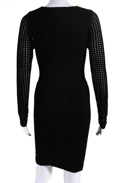 John + Jenn Womens Perforated Knit V Neck Long Sleeve Sheath Dress Black Small