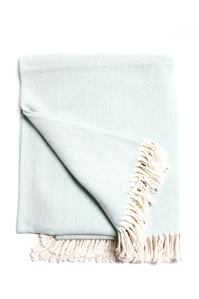 SFERRA Womens Cotton Knit Herringbone Fringe Hem Light Blue Beige Throw Blanket