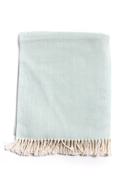 SFERRA Womens Cotton Herringbone Fringe Hem Light Blue Beige Throw Blanket