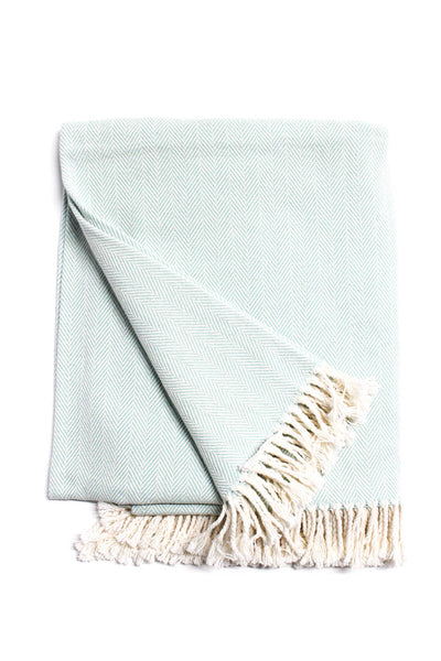 SFERRA Womens Cotton Herringbone Fringe Hem Light Blue Beige Throw Blanket