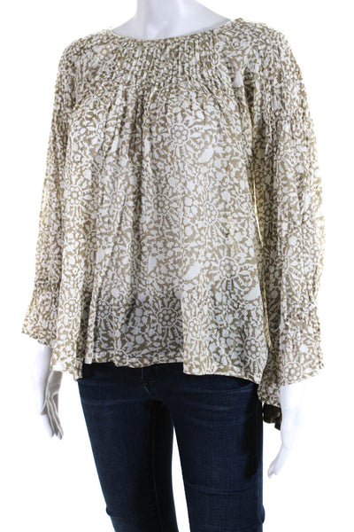 Roller Rabbit Womens Cotton Floral Printed Pleated Blouse Top Beige Size M