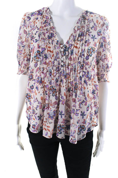 1 State Womens Short Sleeve V Neck Pintuck Floral Shirt White Multi Size Small