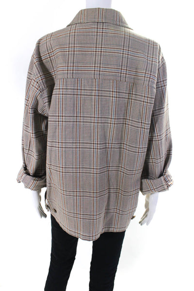 J Crew Womens Front Zip 3/4 Sleeve Collared Plaid Jacket Brown Cotton Size Large