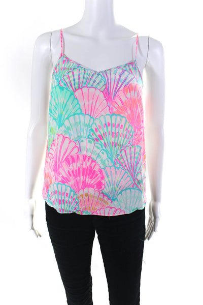 Lilly Pulitzer Womens Spaghetti Strap Clam Printed Silk Tank Top Pink Blue 2XS