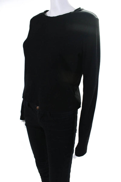 The Westside Womens Ribbed Knit Crew Neck Long Sleeve Tee T-Shirt Black Size L