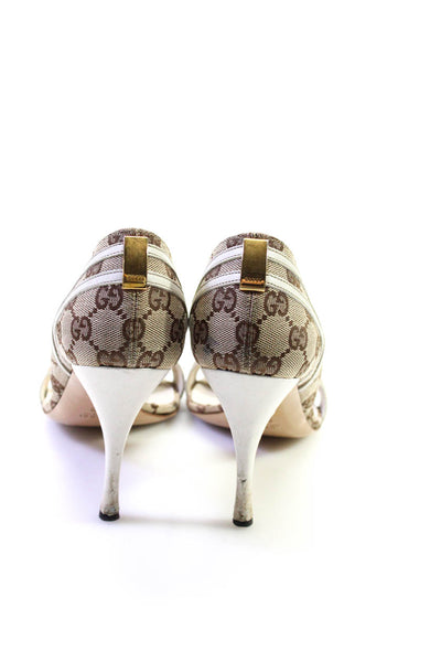 Gucci Womens Stiletto Horsebit GG Monogram Sandals Brown White Canvas Size 9B