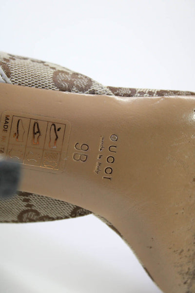 Gucci Womens Stiletto Horsebit GG Monogram Sandals Brown White Canvas Size 9B