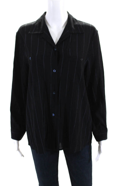 Armani Collezioni Womens Striped Button Down Blouse Black Blue Wool Size 10