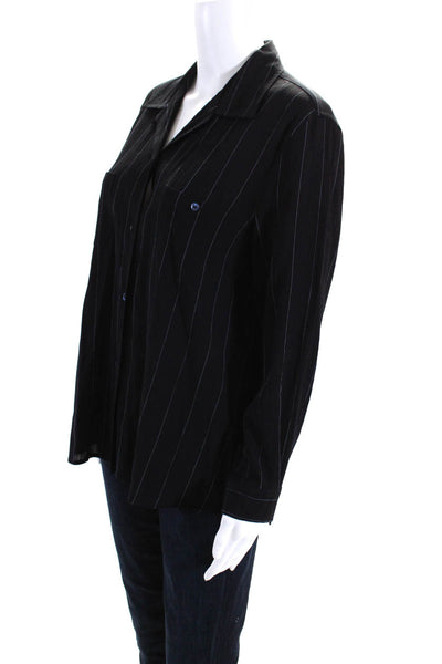 Armani Collezioni Womens Striped Button Down Blouse Black Blue Wool Size 10