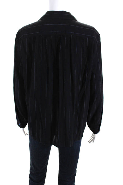 Armani Collezioni Womens Striped Button Down Blouse Black Blue Wool Size 10