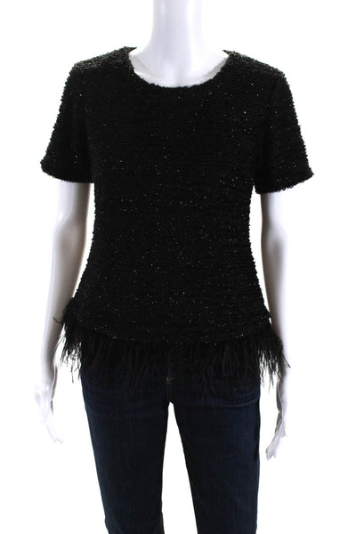 Deletta Anthropologie Womens Tweed Feather Trim Sweater Black Size Small