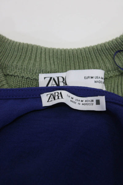 Zara Women's Round Neck Short Sleeves Blouse Green Blue Size M Lot 2