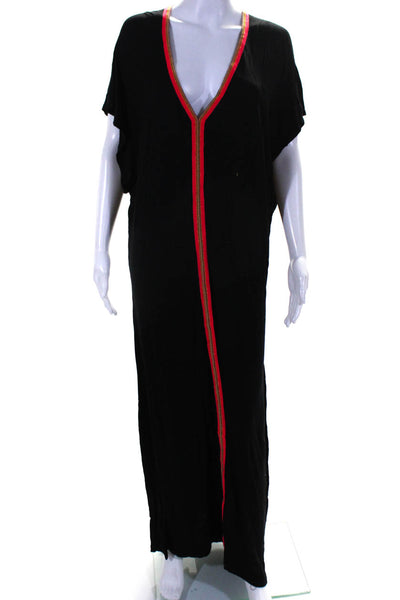 Pitusa Womens Embroidered Trim V Neck Short Sleeve Shift Dress Black One Size