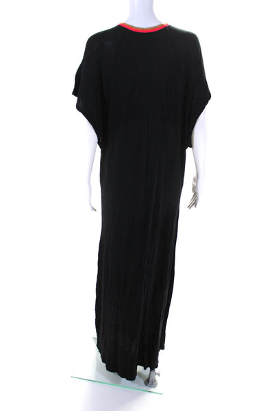 Pitusa Womens Embroidered Trim V Neck Short Sleeve Shift Dress Black One Size