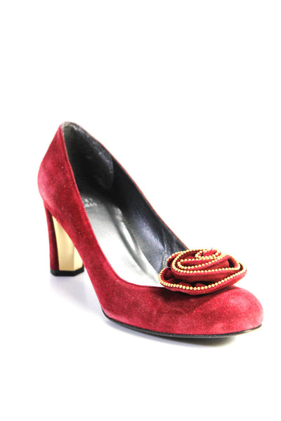 Stuart Weitzman Womens Suede Rosette Beaded High Heels Pumps Red Size 9.5