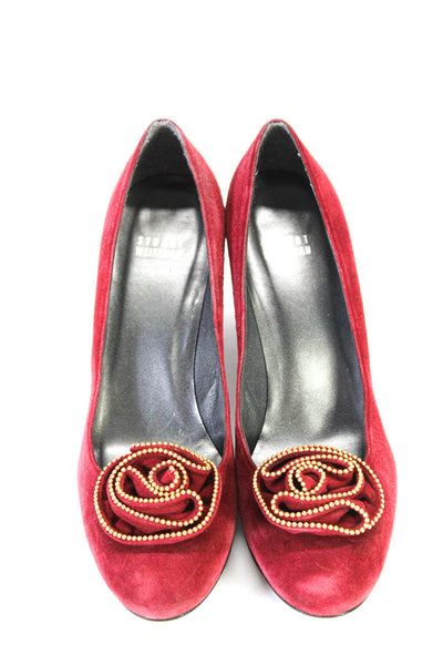 Stuart Weitzman Womens Suede Rosette Beaded High Heels Pumps Red Size 9.5