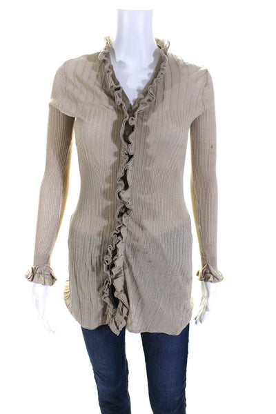 Anne Fontaine Womens Open Front Ruffled Cardigan Sweater Brown Cotton Size FR 40