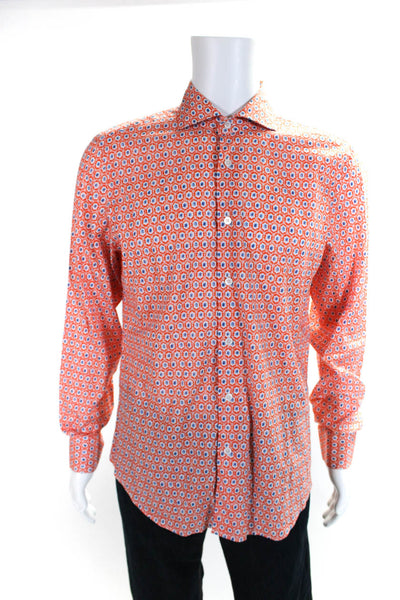 Fedeli Womens Orange Cotton Printed Long Sleeve Button Down Dress Shirt Size 16