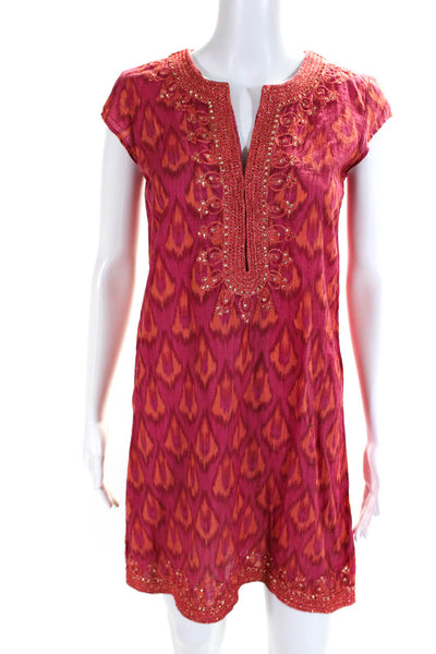 Calypso Saint Barth Womens Pink Orange Cotton Printed Sequins Shirt Dress SizeXS