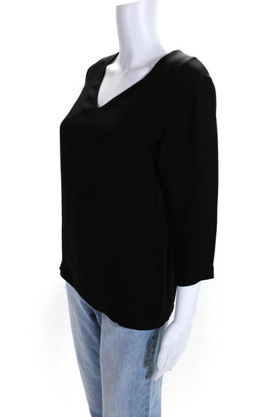 Theory Womens Solid Black Silk V-Neck 3/4 Sleeve Blouse Top Size P