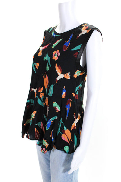 Beatrice Womens Black Bird Print Scoop Neck Sleeveless Tunic Blouse Top Size 2