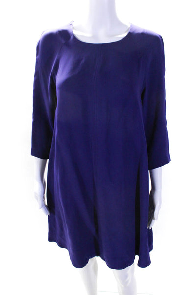 Lisa Perry Womens Back Zip 3/4 Sleeve Crew Neck Silk Shift Dress Purple Size 4