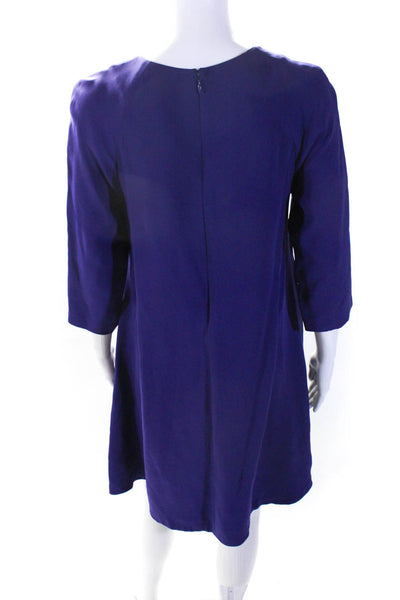 Lisa Perry Womens Back Zip 3/4 Sleeve Crew Neck Silk Shift Dress Purple Size 4