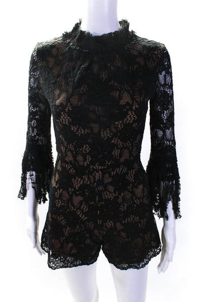 Alexis Womens Back Zip Fringe 3/4 Sleeve Lace Overlay Romper Black Brown Size XS