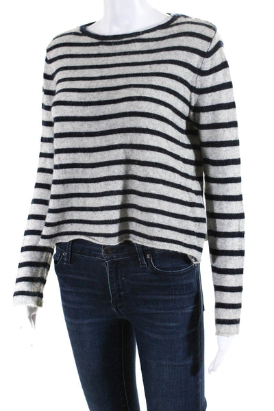 Olivaceous Womens Striped Print Long Sleeve Cropped Sweater Top Gray Navy Size S