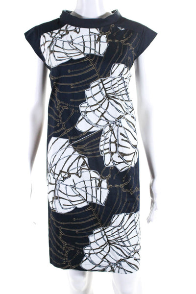 D. Exterior Womens Back Zip Cap Sleeve Leaf Printed Dress Navy White Size IT 44