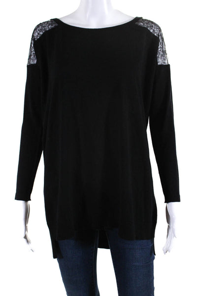 D. Exterior Womens 3/4 Sleeve Scoop Neck Lace Trim Sweater Black Wool Size Small