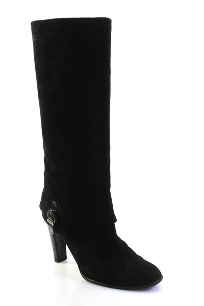 Delman Womens Suede Buckled Fold-Over Mid Calf High Heeled Boots Black Size 8